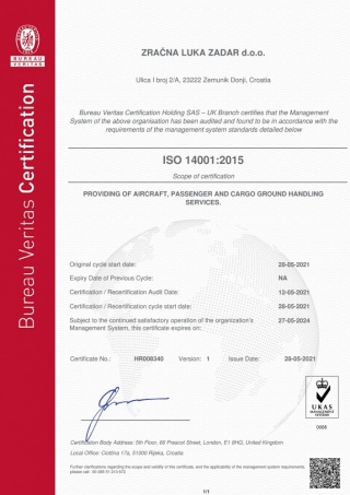 Zračna luka Zadar dobila ISO 14001:2015 certifikat